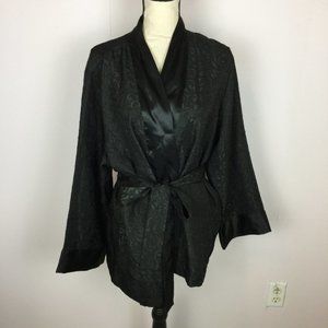 Morgan Taylor Intimates Robe Top XL Womans Black Satin Long Kimono Sleeve Belted